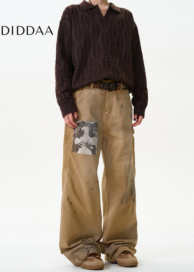 Blue Ink-Splashed Loose Straight Cargo Jeans - Men’s Jeans