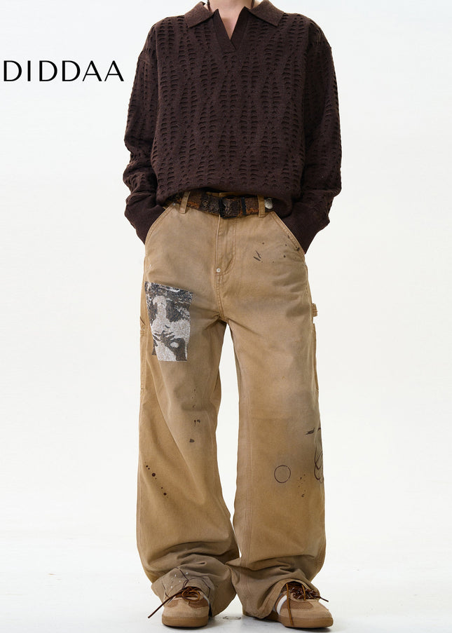 Blue Ink-Splashed Loose Straight Cargo Jeans - Men’s Jeans