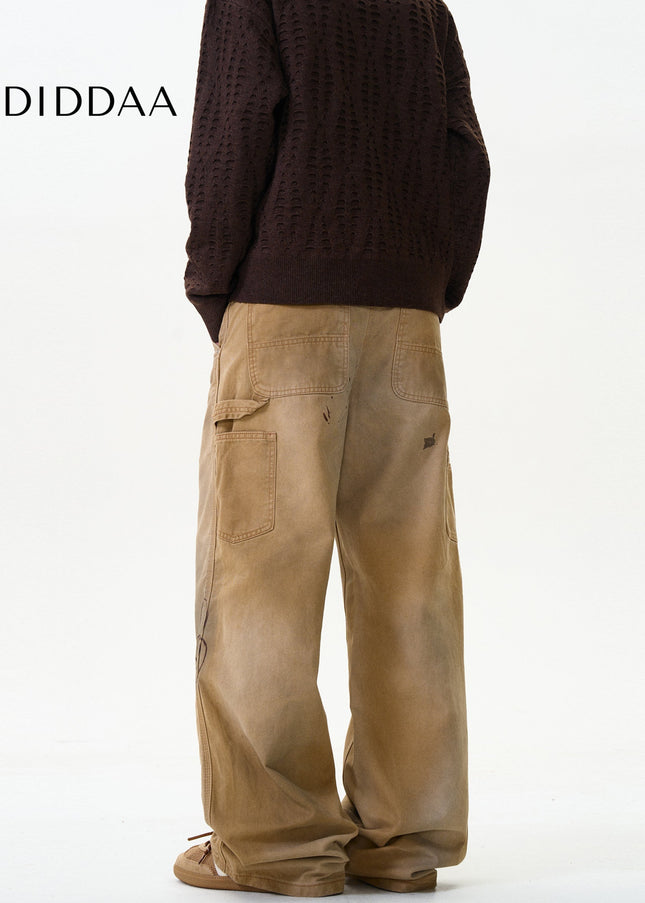 Blue Ink-Splashed Loose Straight Cargo Jeans - Men’s Jeans