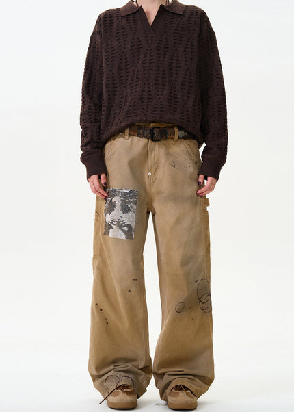 Blue Ink-Splashed Loose Straight Cargo Jeans - Men’s Jeans