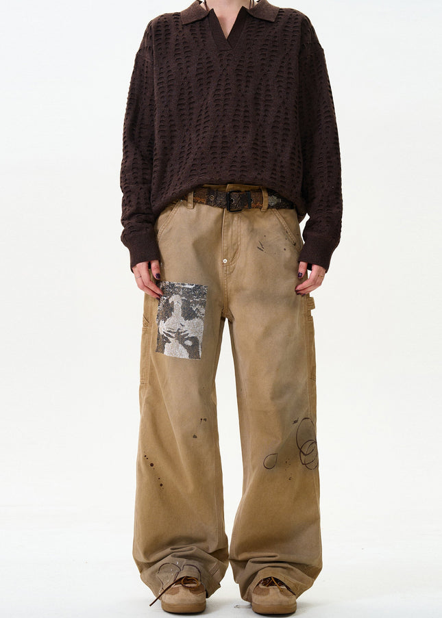 Blue Ink-Splashed Loose Straight Cargo Jeans - Men’s Jeans