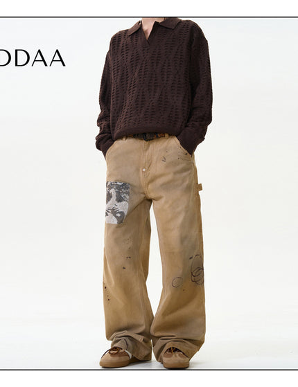 Blue Ink-Splashed Loose Straight Cargo Jeans - S / Khaki - Men’s Jeans