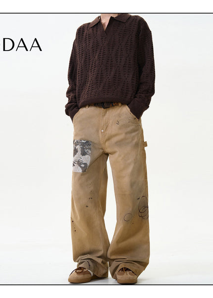 Blue Ink-Splashed Loose Straight Cargo Jeans - S / Khaki - Men’s Jeans