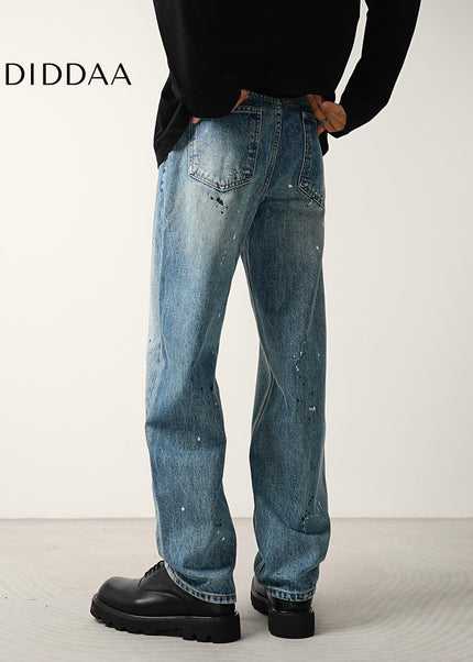 Blue Ink-Splashed Nostalgic Wash Straight Jeans - Men’s Jeans