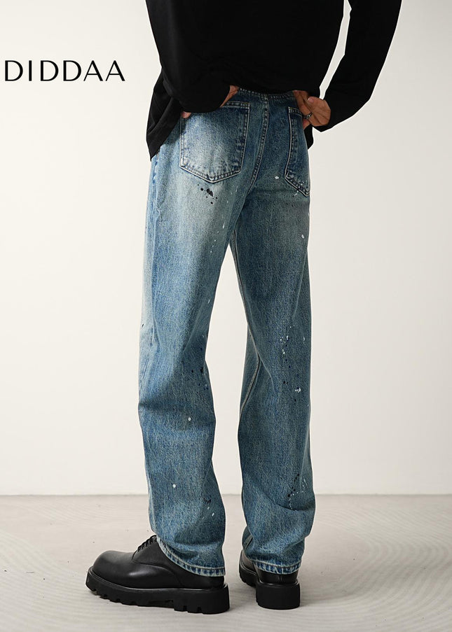 Blue Ink-Splashed Nostalgic Wash Straight Jeans - Men’s Jeans