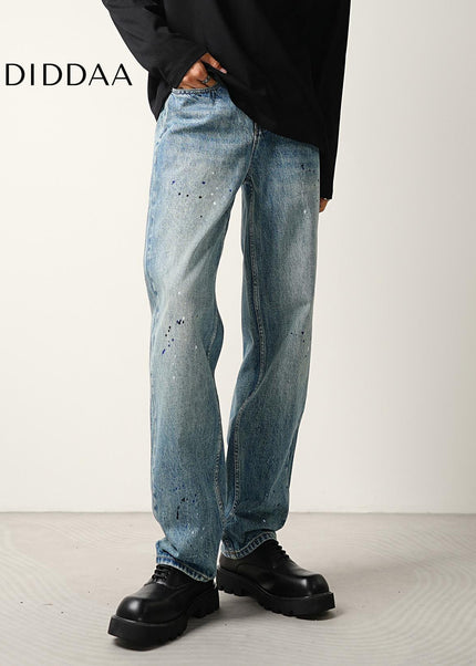 Blue Ink-Splashed Nostalgic Wash Straight Jeans - Men’s Jeans
