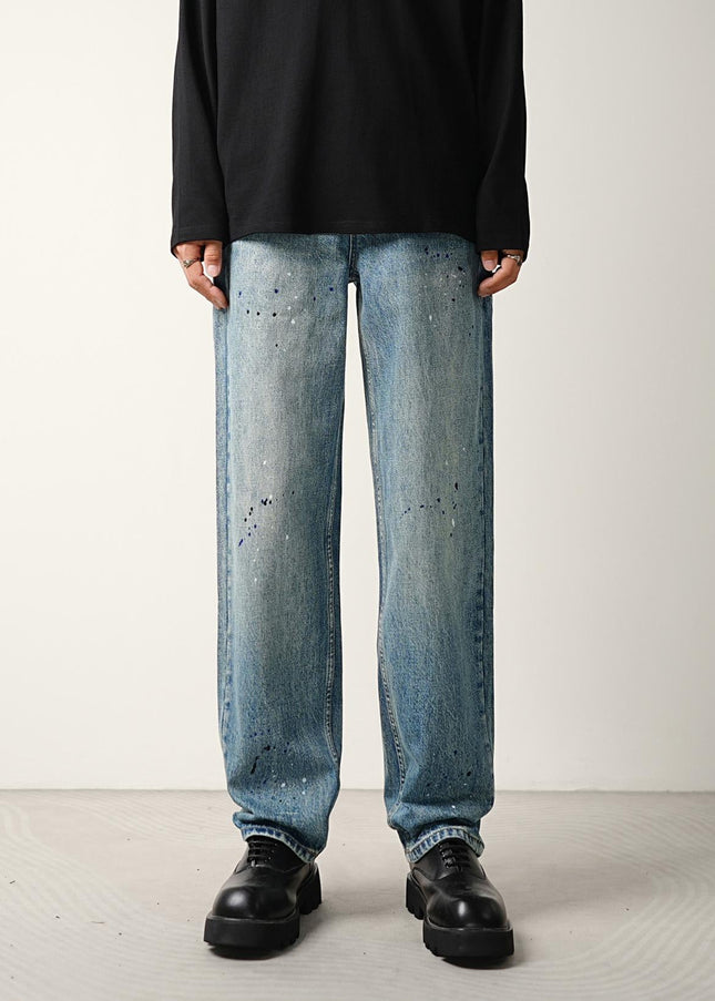 Blue Ink-Splashed Nostalgic Wash Straight Jeans - Men’s Jeans