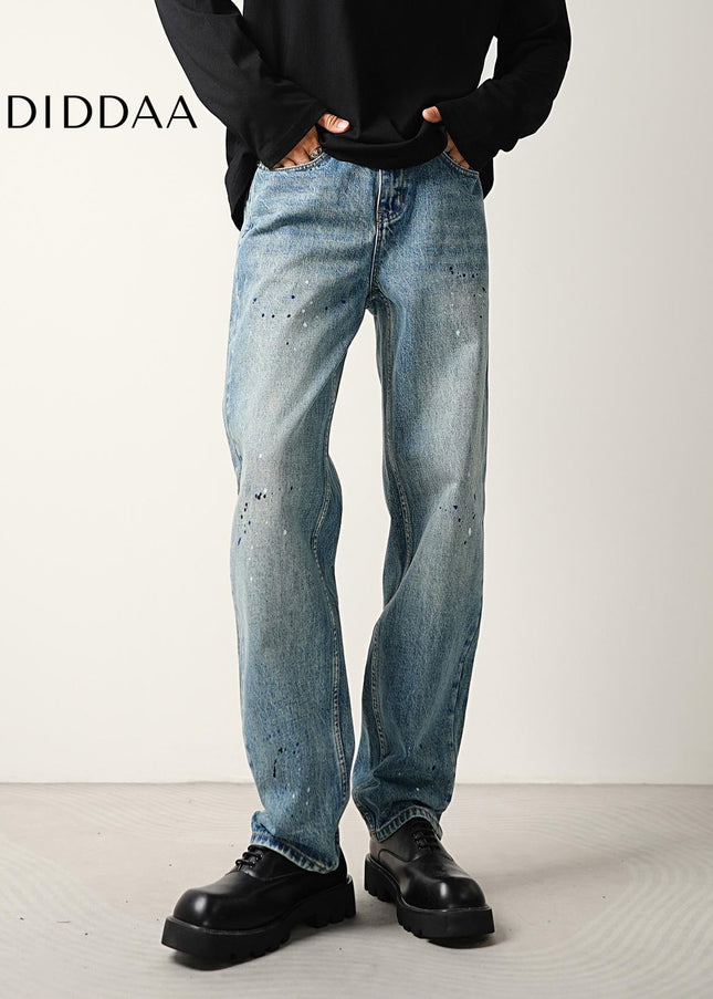 Blue Ink-Splashed Nostalgic Wash Straight Jeans - Men’s Jeans