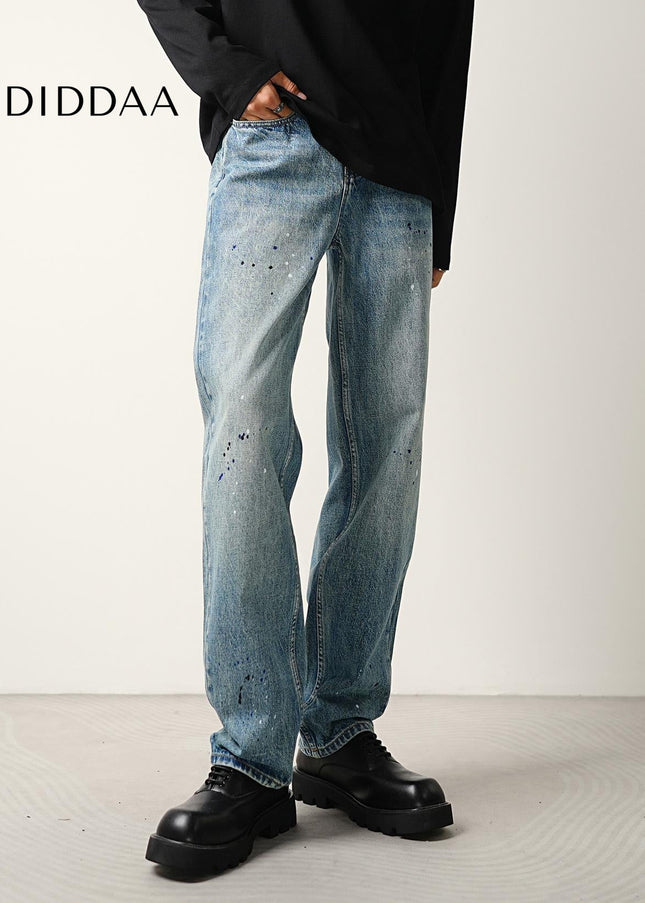 Blue Ink-Splashed Nostalgic Wash Straight Jeans - Men’s Jeans
