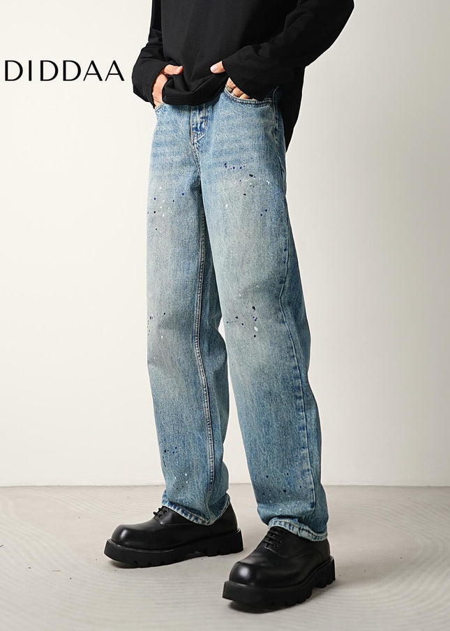 Blue Ink-Splashed Nostalgic Wash Straight Jeans - Men’s Jeans