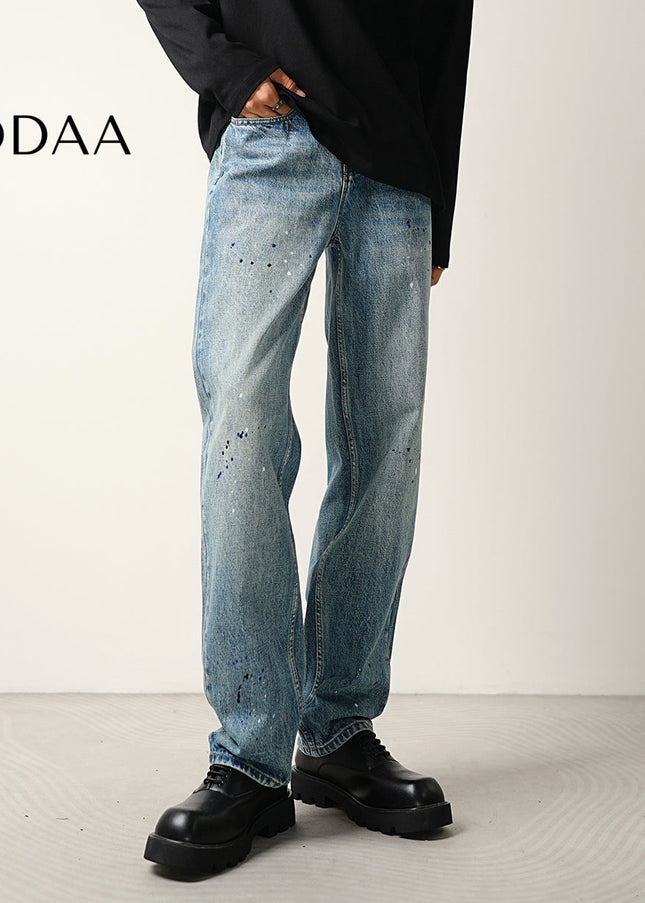 Blue Ink-Splashed Nostalgic Wash Straight Jeans - S / Mid Blue - Men’s Jeans
