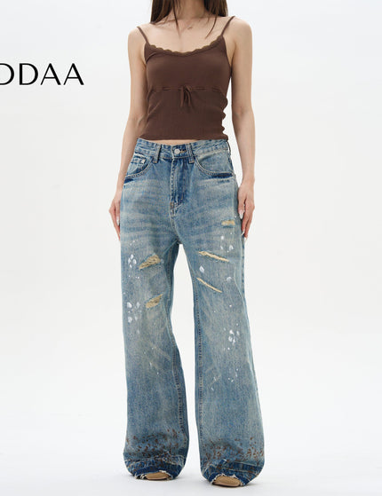 Blue Ink-Splashed Ripped Wide-Legged Jeans - S / Mid Blue - Women’s Jeans