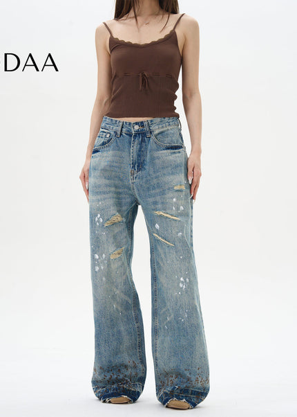 Blue Ink-Splashed Ripped Wide-Legged Jeans - S / Mid Blue - Women’s Jeans