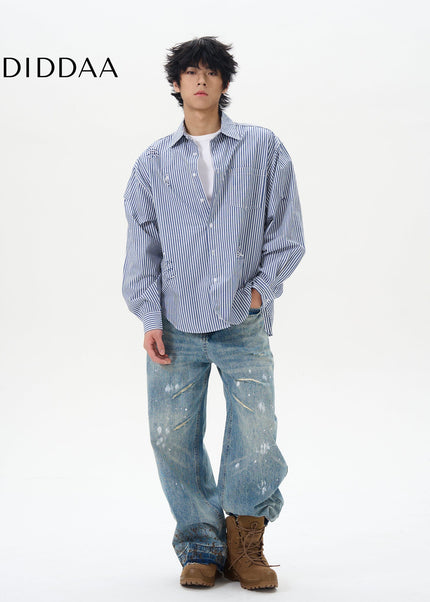 Blue Ink-Splashed Ripped Wide-Legged Jeans - Women’s Jeans