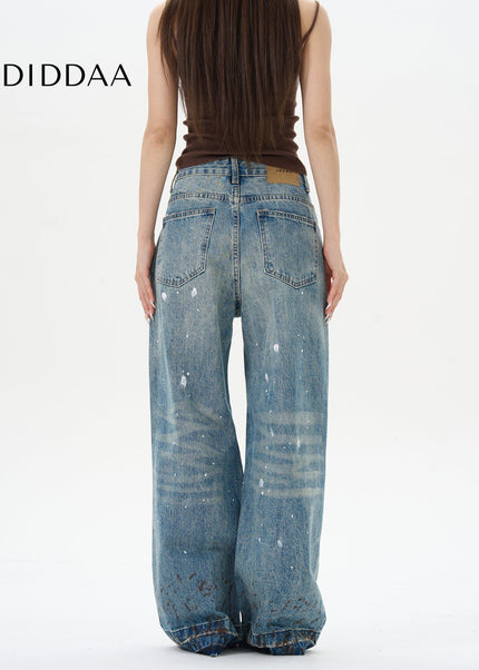 Blue Ink-Splashed Ripped Wide-Legged Jeans - Women’s Jeans