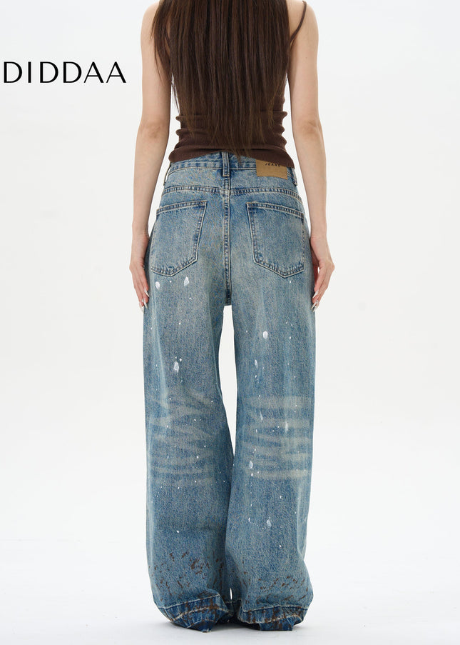 Blue Ink-Splashed Ripped Wide-Legged Jeans - Women’s Jeans