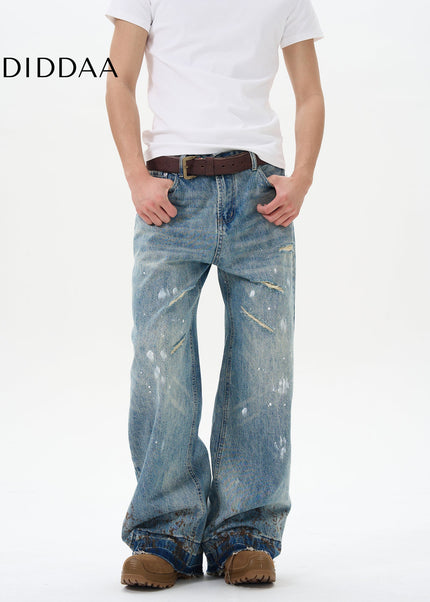 Blue Ink-Splashed Ripped Wide-Legged Jeans - Women’s Jeans