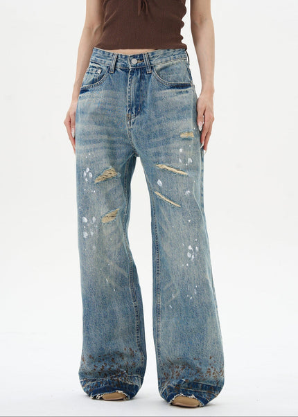 Blue Ink-Splashed Ripped Wide-Legged Jeans - Women’s Jeans