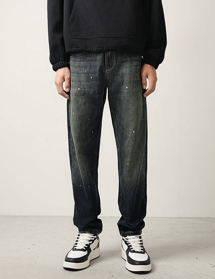 Blue Ink-Splashed Vintage Distressed Straight-Leg Jeans - 28 / Dark Blue - Men’s Jeans