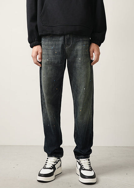 Blue Ink-Splashed Vintage Distressed Straight-Leg Jeans - 28 / Dark Blue - Men’s Jeans