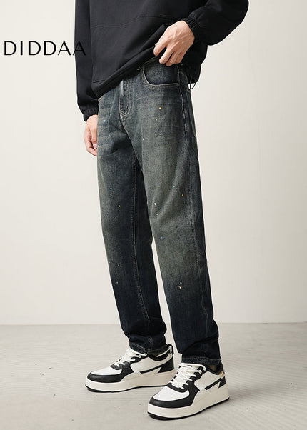 Blue Ink-Splashed Vintage Distressed Straight-Leg Jeans - Men’s Jeans