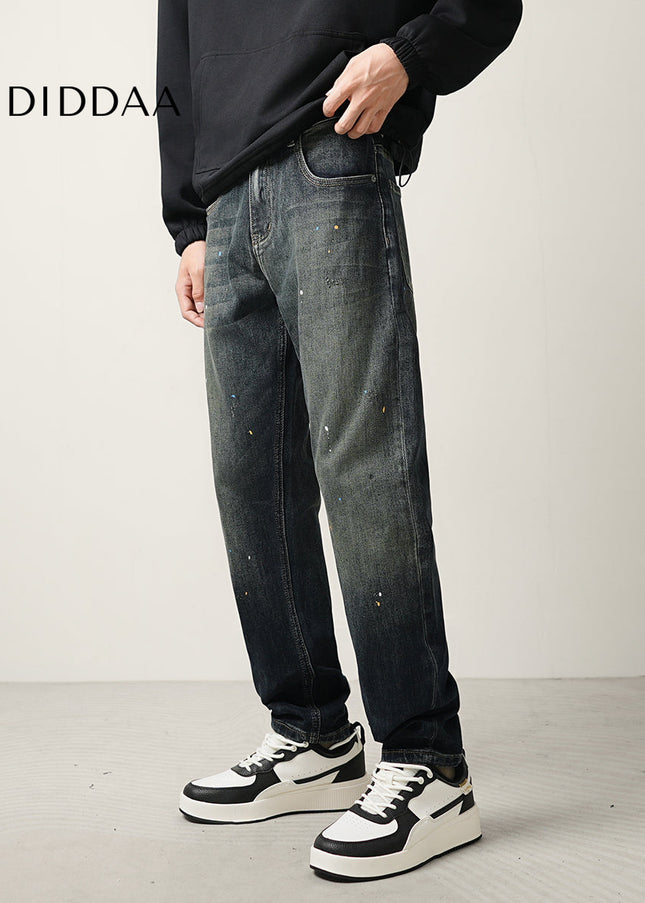 Blue Ink-Splashed Vintage Distressed Straight-Leg Jeans - Men’s Jeans