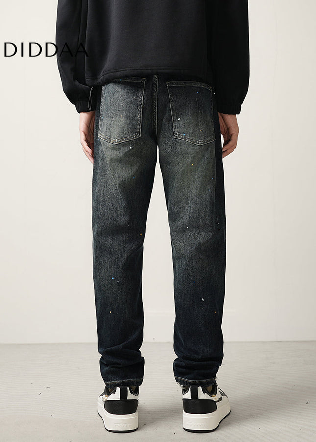 Blue Ink-Splashed Vintage Distressed Straight-Leg Jeans - Men’s Jeans