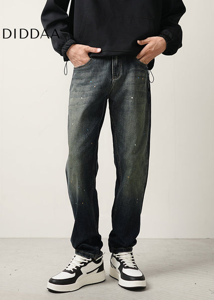Blue Ink-Splashed Vintage Distressed Straight-Leg Jeans - Men’s Jeans