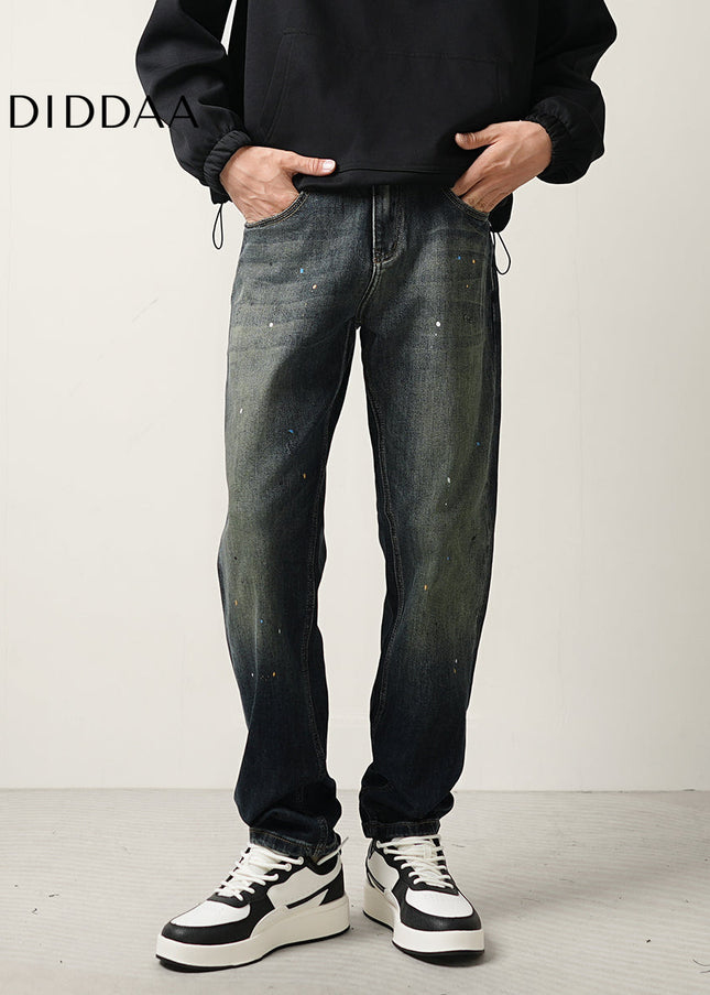Blue Ink-Splashed Vintage Distressed Straight-Leg Jeans - Men’s Jeans