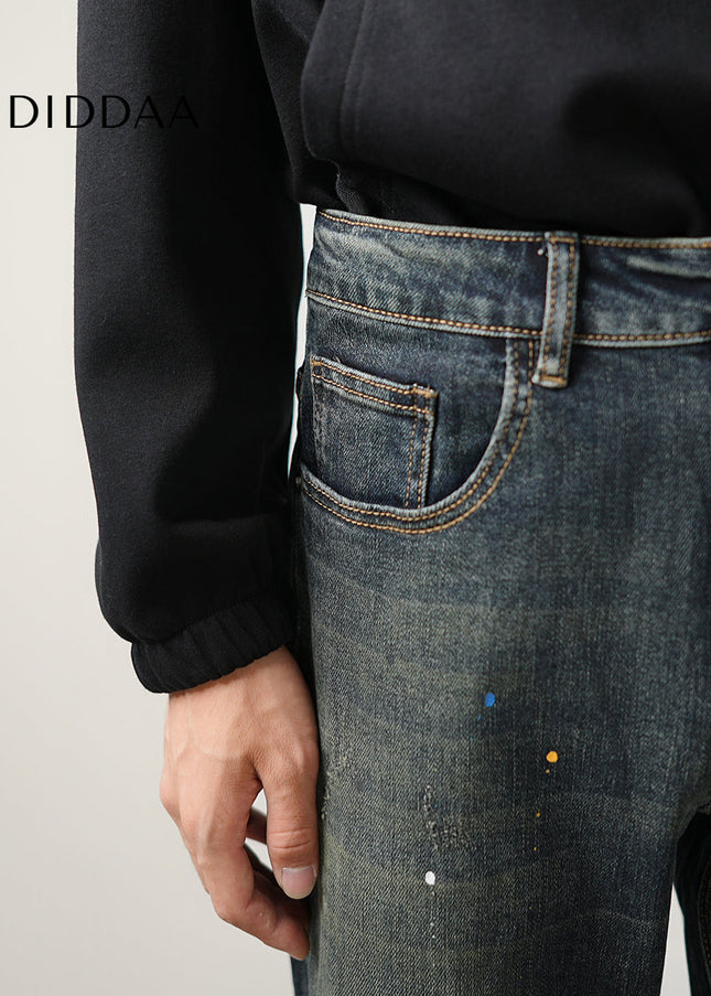 Blue Ink-Splashed Vintage Distressed Straight-Leg Jeans - Men’s Jeans