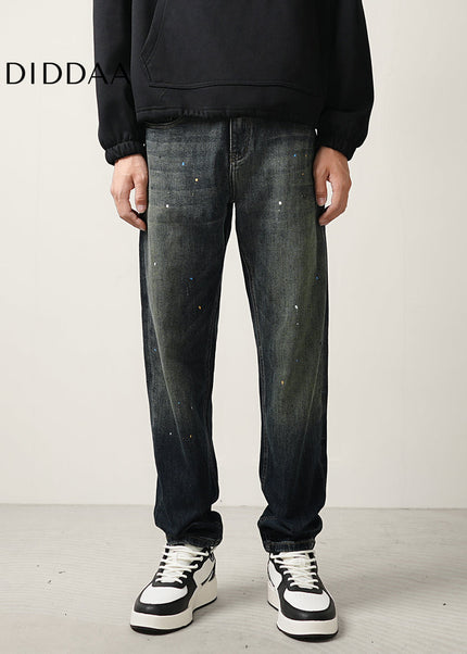 Blue Ink-Splashed Vintage Distressed Straight-Leg Jeans - Men’s Jeans