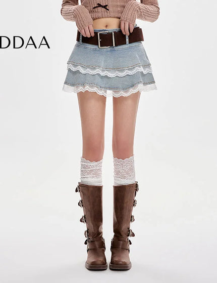 Blue Lace Stitching High-Waisted Slim A-Line Skirt - S / Light Blue - Skirts