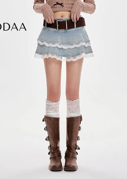 Blue Lace Stitching High-Waisted Slim A-Line Skirt - S / Light Blue - Skirts
