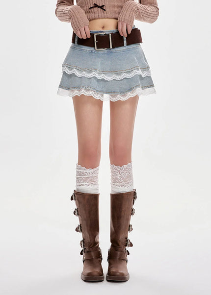 Blue Lace Stitching High-Waisted Slim A-Line Skirt - Skirts