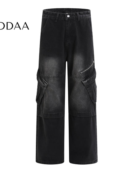 Blue Large Pocket Workwear Straight Leg Wide Leg Jeans - Black / S - Men’s Jeans