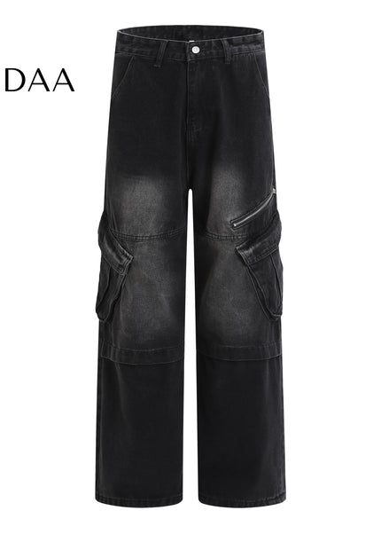 Blue Large Pocket Workwear Straight Leg Wide Leg Jeans - Black / S - Men’s Jeans