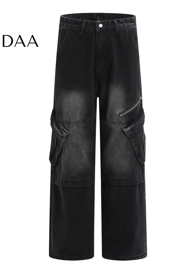 Blue Large Pocket Workwear Straight Leg Wide Leg Jeans - Black / S - Men’s Jeans