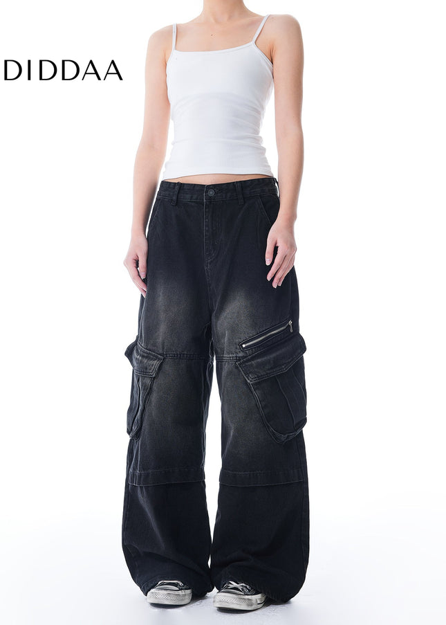 Blue Large Pocket Workwear Straight Leg Wide Leg Jeans - Men’s Jeans