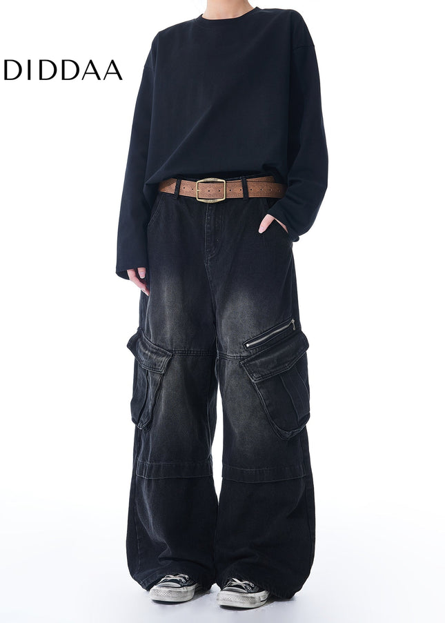 Blue Large Pocket Workwear Straight Leg Wide Leg Jeans - Men’s Jeans