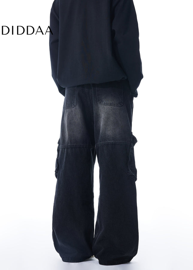 Blue Large Pocket Workwear Straight Leg Wide Leg Jeans - Men’s Jeans