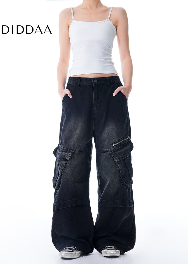 Blue Large Pocket Workwear Straight Leg Wide Leg Jeans - Men’s Jeans