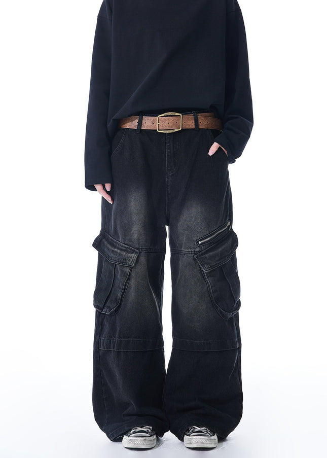 Blue Large Pocket Workwear Straight Leg Wide Leg Jeans - Men’s Jeans