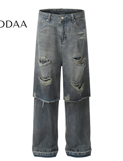 Blue Layered Ripped Men’s Straight Leg Jeans - Dark Blue / S - Men’s Jeans