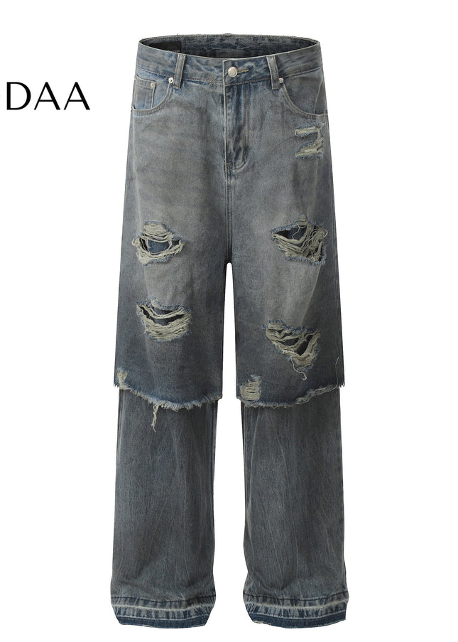 Blue Layered Ripped Men’s Straight Leg Jeans - Dark Blue / S - Men’s Jeans