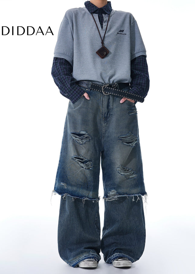 Blue Layered Ripped Men’s Straight Leg Jeans - Men’s Jeans