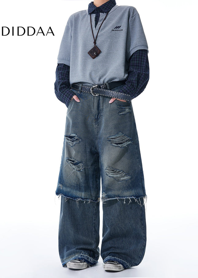 Blue Layered Ripped Men’s Straight Leg Jeans - Men’s Jeans