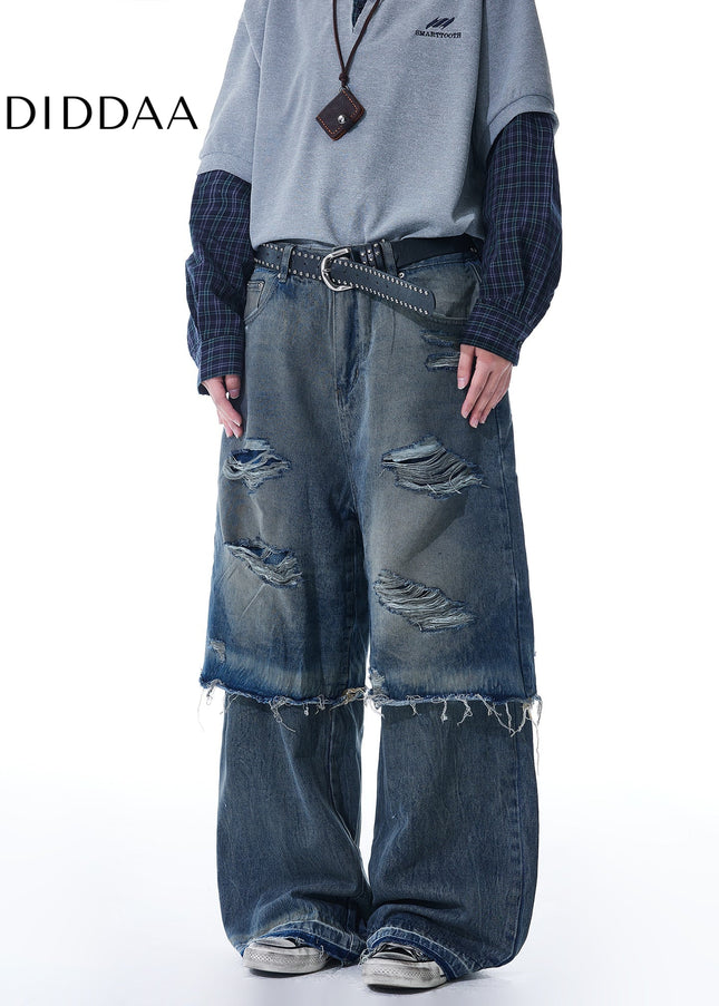 Blue Layered Ripped Men’s Straight Leg Jeans - Men’s Jeans