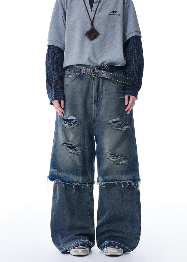 Blue Layered Ripped Men’s Straight Leg Jeans - Men’s Jeans