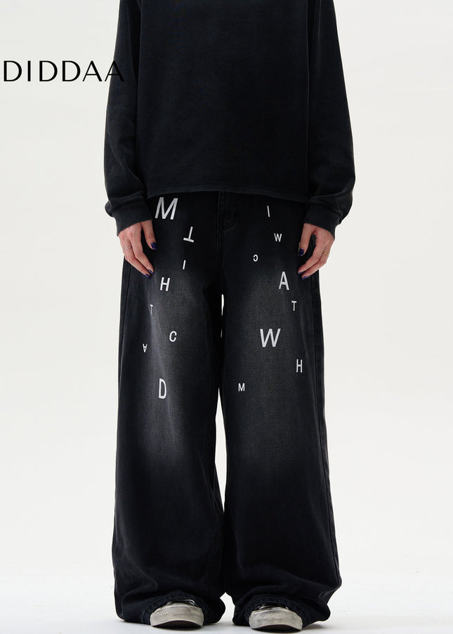 Blue Letter Print Wide-Leg Jeans for Casual Style - Men’s Jeans