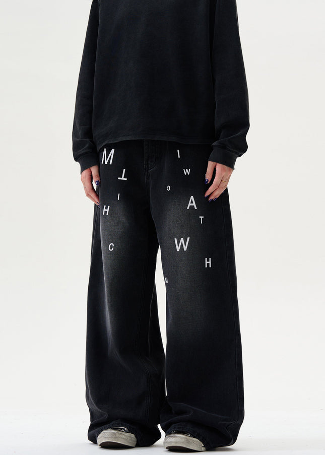 Blue Letter Print Wide-Leg Jeans for Casual Style - Men’s Jeans